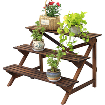 Carbonized wooden fleshy multi-layer solid wood shelf three-layer outdoor balcony shelf wooden stepped flower pot stand