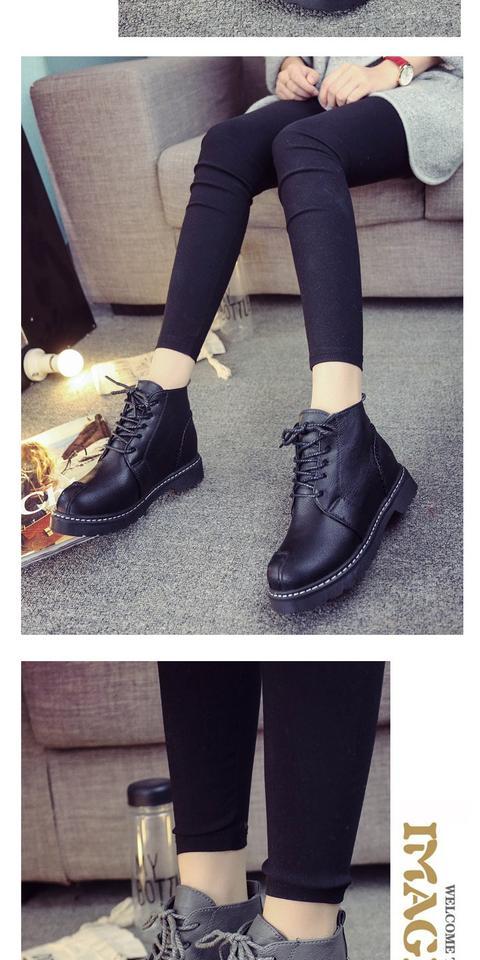 Giày mùa thu mùa đông Giày nữ màu đen Giày da nhỏ cộng với nhung Cao giúp Martin Boots Dây đeo Trường tiểu học Giày ngắn giày boot nữ đẹp