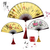 Add tassel folding fan Crown Lotus pendant classical lotus Bird 10 inch 8 inch costume dance double-sided cloth fan ancient style