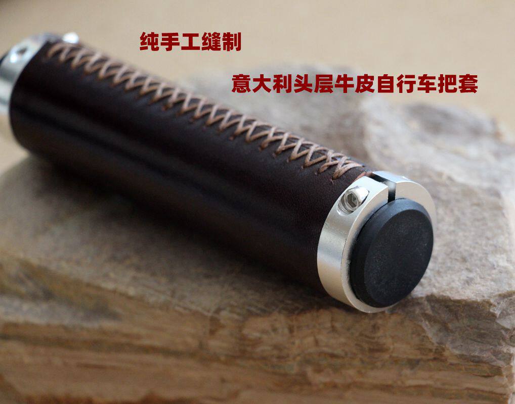 Single dark coffee color hand-stitched top layer cowhide retro bicycle folding small cloth handlebar cover customization 90-130mm