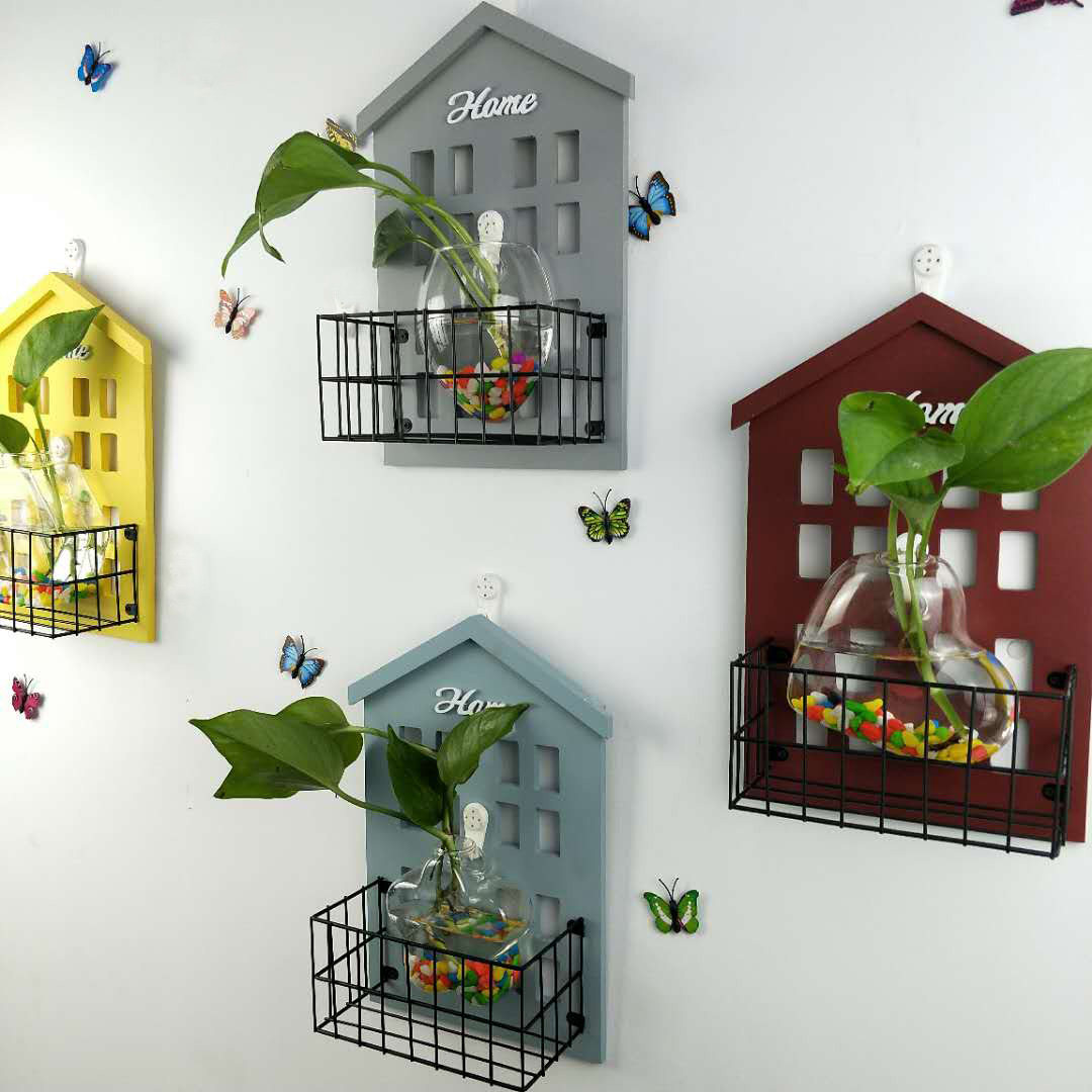 Wall hanging hydroponic vase Vintage small house Shop wall decoration pendant Living room wall room decoration shelf