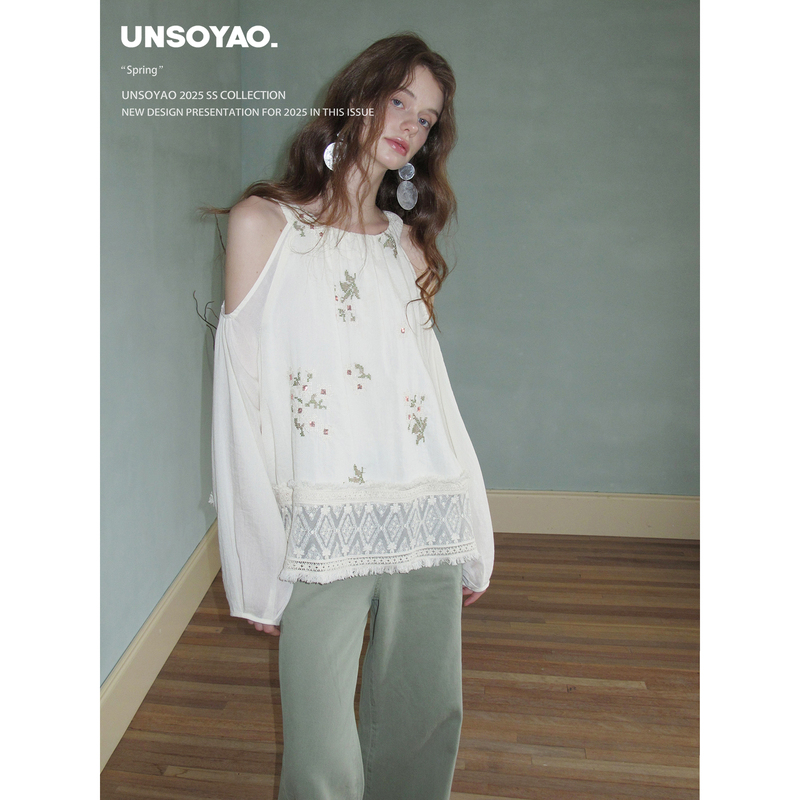 Peony Court Neoclassical Freyle Castle Artistic Retro Heavy Embroidery Patchwork Off-Shoulder Shirt Top