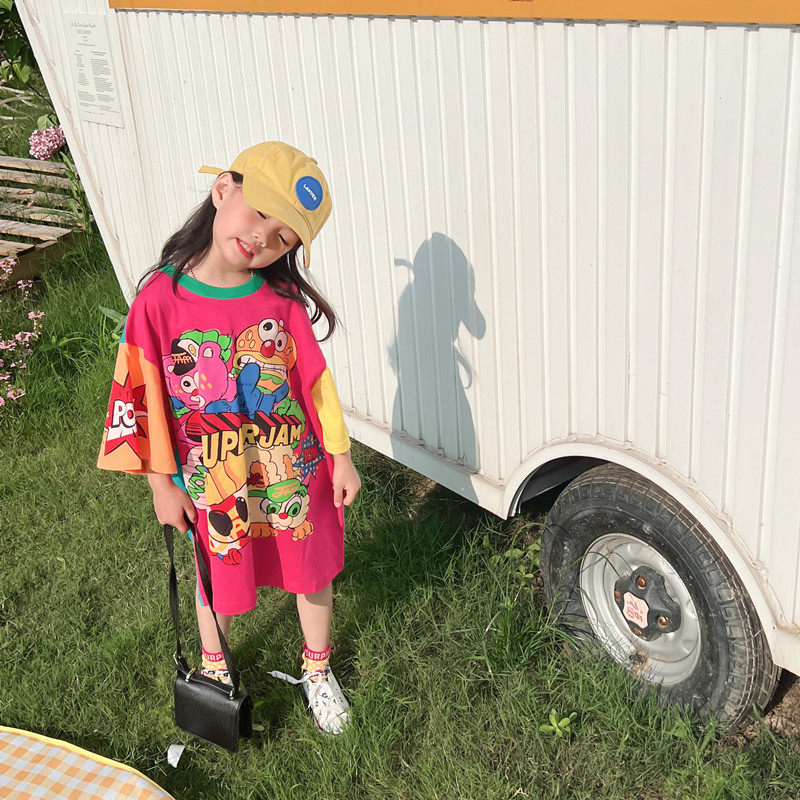 Girl Pure Cotton Burst T-shirt Dress 2022 Spring Summer Pro-Daughter Dress Damp T Long Edition Loose Half Sleeve Dress Dress