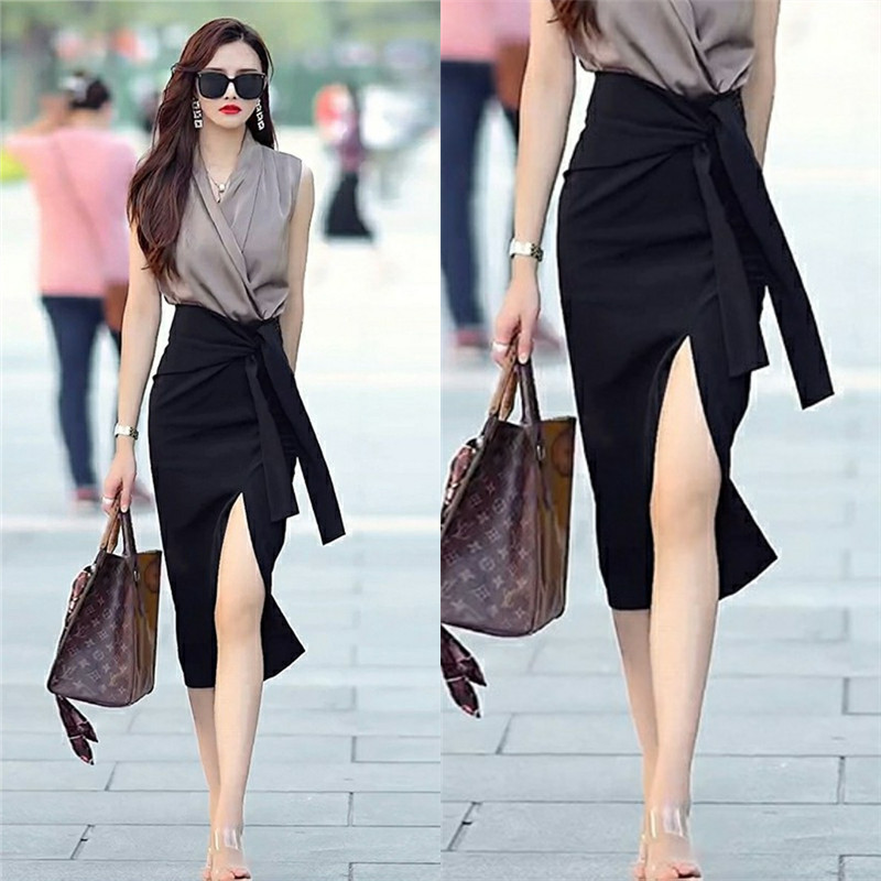 Black Slit Skirt for Women 2026 Spring/Summer/Autumn New Style Professional Wear Ol Elegant High-Waisted Tie Mid-Length Pencil Skirt