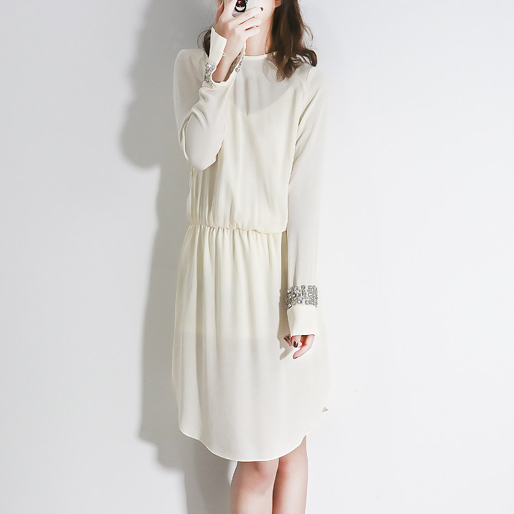 European Light Extravaganza Hand-crafted Nails Beads Real Silk Mulberry Silk Long Sleeve Women's Dress