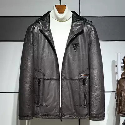 Leather leather men's hooded short slim jacket 2020 winter new Haining sheepskin down jacket jacket tide