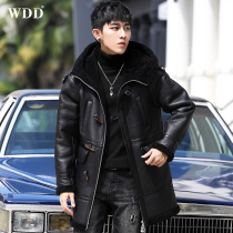  Original ecological fur one-piece mens mid-length hooded Haining leather leather sheepskin jacket fur winter jacket