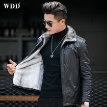 Mink coat Mens fur one-piece short Haining leather leather cowhide jacket Cross mink liner thick coat