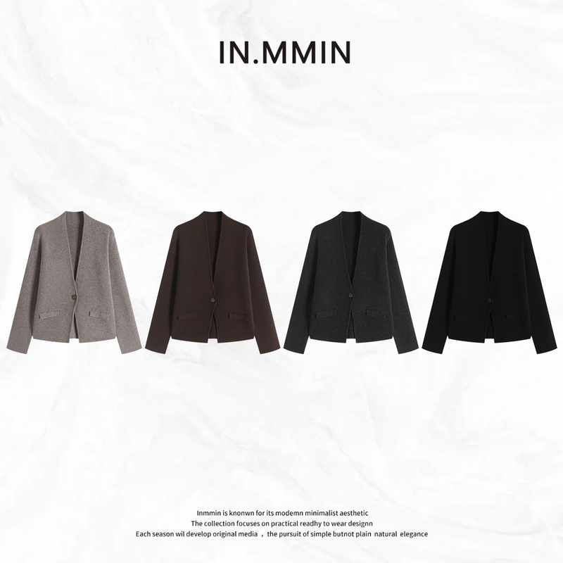 In.Mmin100% Sheep Wool Minimalist V-Neck Knitted Women's Autumn and Winter One-Button Elegant Jacket-Wt4034