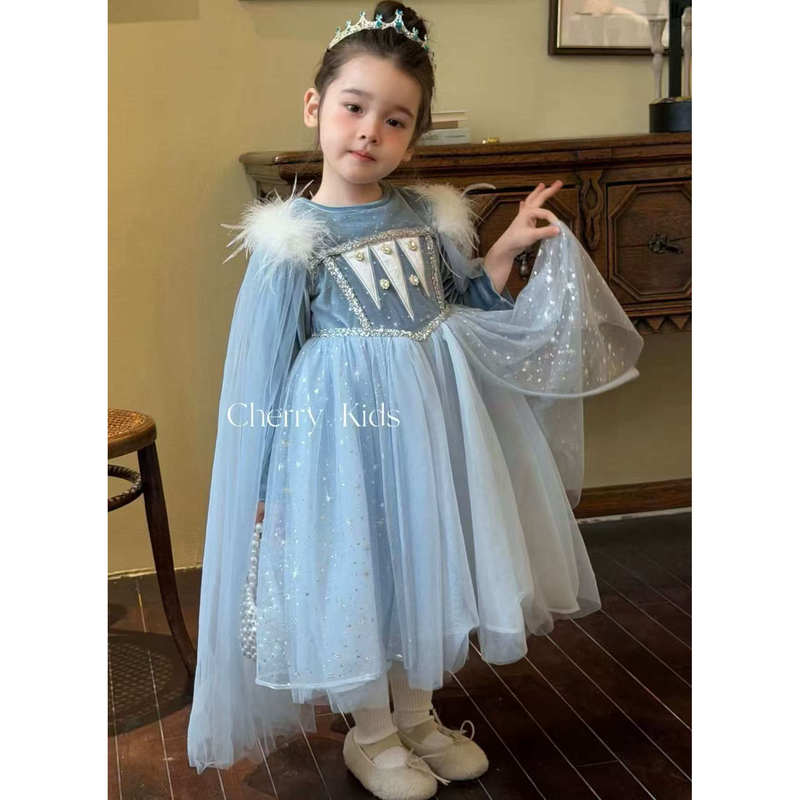 Cherry Girls' Winter Single-Layer Velvet Princess Dress with Detachable Cape and Star Tulle Birthday Dress