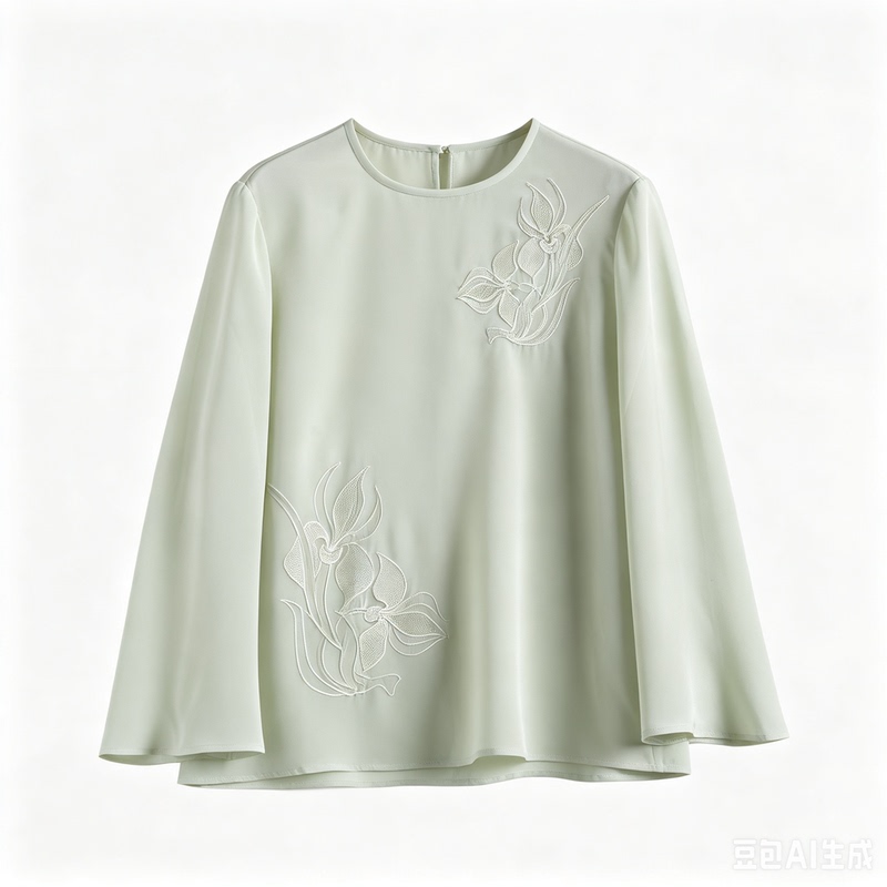 Fruit Satin Mulberry Silk Embroidered Round Neck Flared Sleeve Top, Loose and Elegant Style Mjs2-0353 Fruit Satin Mulberry Silk Embroidered Round Neck Flared Sleeve Top, Loose and Elegant Style Mjs2-0353