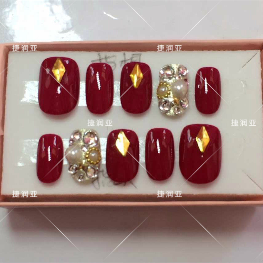 包邮奢华手工定制光疗甲片酒红色新款柳丁新娘成品美甲假指甲贴钻