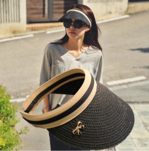 Japan summer new bow fashion sun hat straw woven empty top cap travel visor beach hat for women