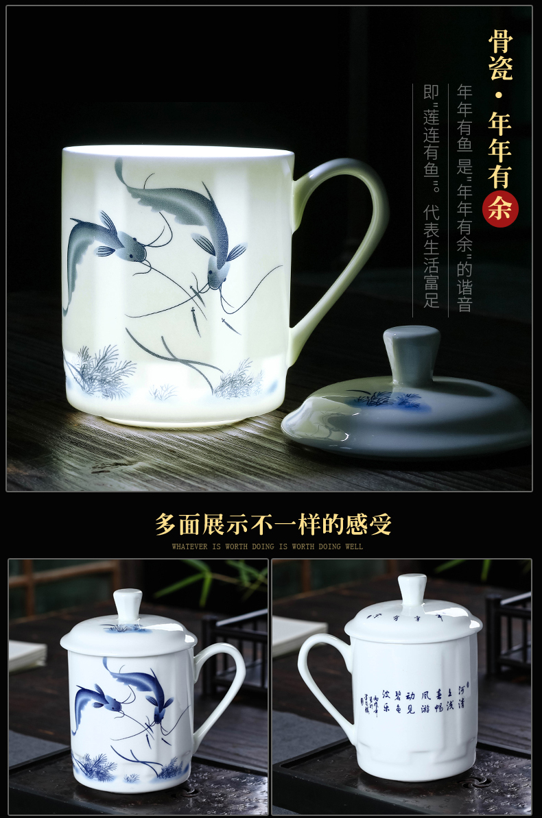 Jingdezhen ceramic cups with cover water blue and white porcelain cup home office gift cup tea office meeting