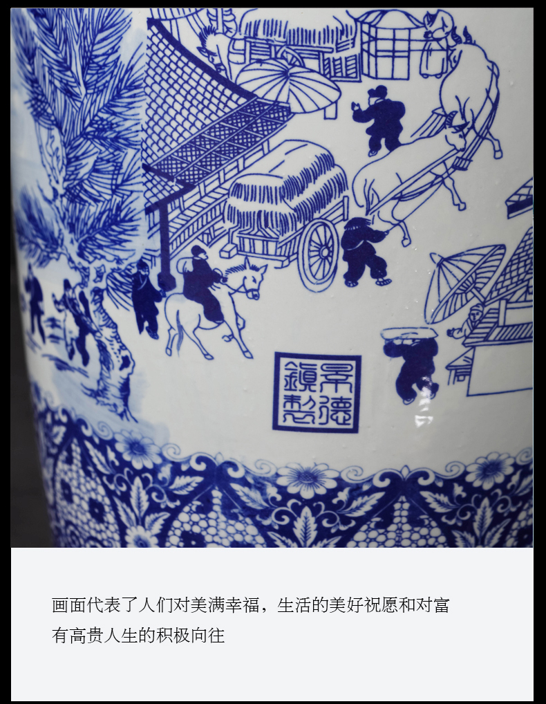 Blue and white porcelain of jingdezhen ceramics qingming scroll of large vases, Chinese style living room TV cabinet decorative furnishing articles