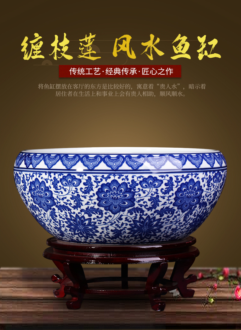 Blue and white porcelain of jingdezhen ceramics flowerpots furnishing articles large shallow goldfish bowl Chinese style household tortoise cylinder accessories
