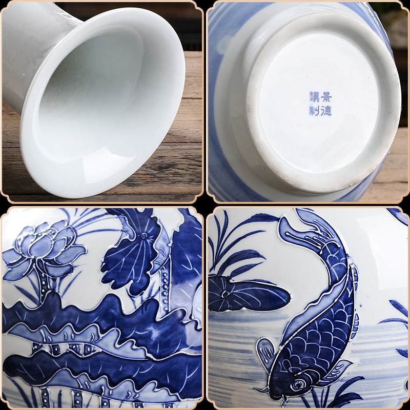 Jingdezhen ceramics hand - made reliefs of blue and white porcelain vase furnishing articles of Chinese style living room porch household flower decorations