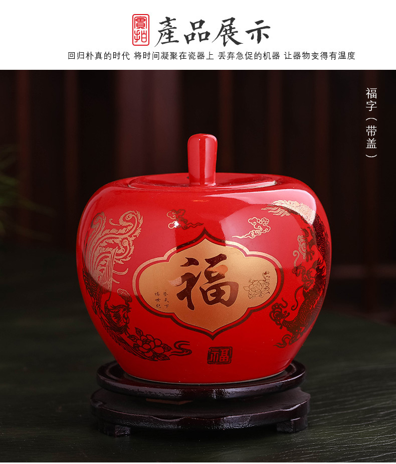 Jingdezhen ceramics red apple storage tank of Chinese style household adornment handicraft furnishing articles wedding gift sitting room