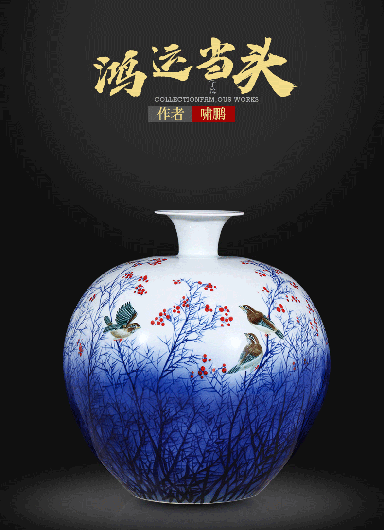 Jingdezhen ceramics by hand draw blue and white porcelain vase pomegranate bottles of large Chinese style living room home decoration furnishing articles