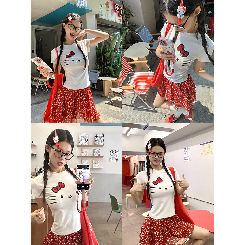 Xiaoxian Ni Zi H*Kitty Hello Kitty Print T-Shirt for Women, Summer Slim Fit Versatile Short-Sleeve Youthful Round-Neck Top Xiaoxian Ni Zi H*Kitty Hello Kitty Print T-Shirt for Women, Summer Slim Fit Versatile Short-Sleeve Youthful Round-Neck Top