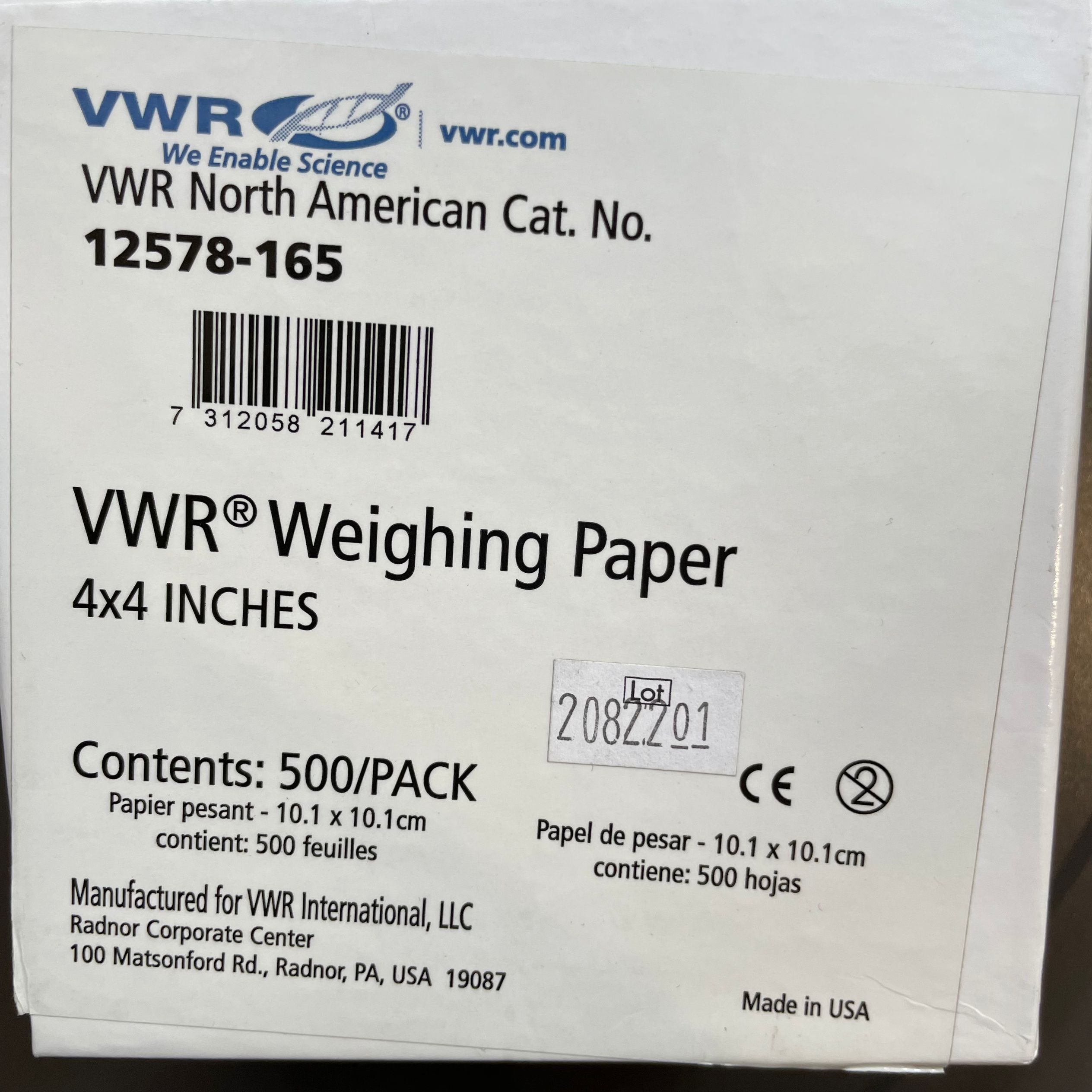 进口VWR 12578-165 Weighing一次性称量纸102x102mm 清洁无尘无氮