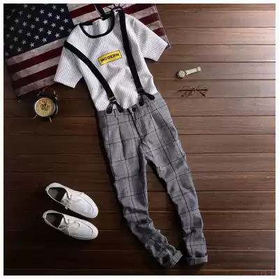 Hong Kong style men's casual baby bag trousers Japanese literature and art men and women couples slim British striped suspenders