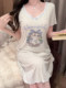 Cartoon Cat Print Short-Sleeved Nightgown That Can Be Worn Outside, Women's Summer Lightweight Modal Dress, Home Wear with Chest Pad