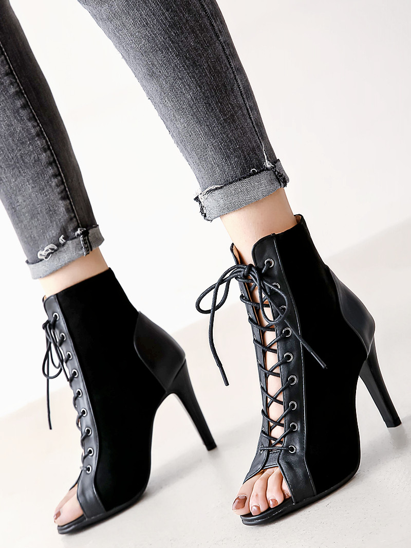 Fish-Mouth Sandals for Women, Summer Stiletto Lace-Up Hollow Short Boots, Heels, High Heels, Jazz Dance Shoes, Dancing Sandals, Large Size