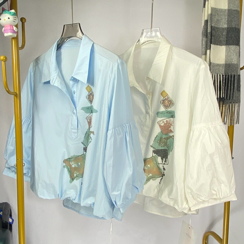 Lantern Sleeve Printed Shirt 2026 Spring New Korean Style Loose Slimming Versatile Women's Fashion Swallowtail Shirt