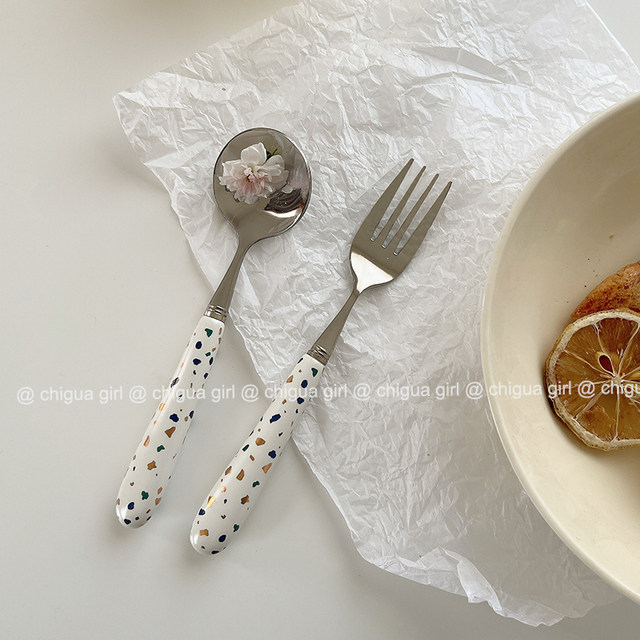Korean style ins style gravel ceramic handle stainless steel fork spoon set knife fork spoon dessert spoon western tableware