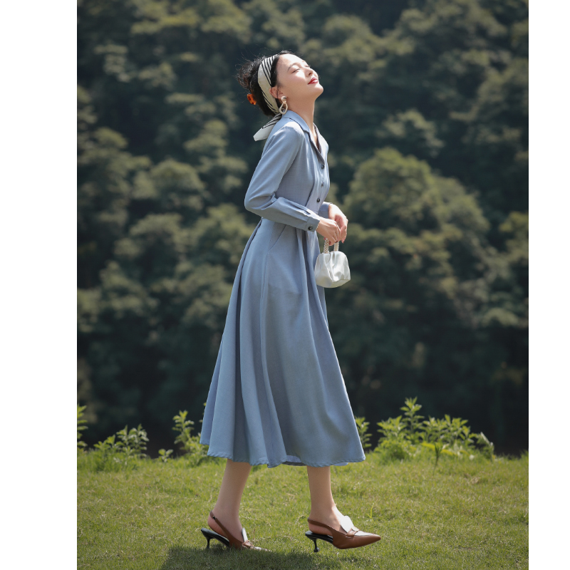 Spring Women's Blue Dress, Waist-Cinching, Slimming, Elegant, French Style, Formal Occasion, Interview Suit, Long-Sleeved Dress for Women