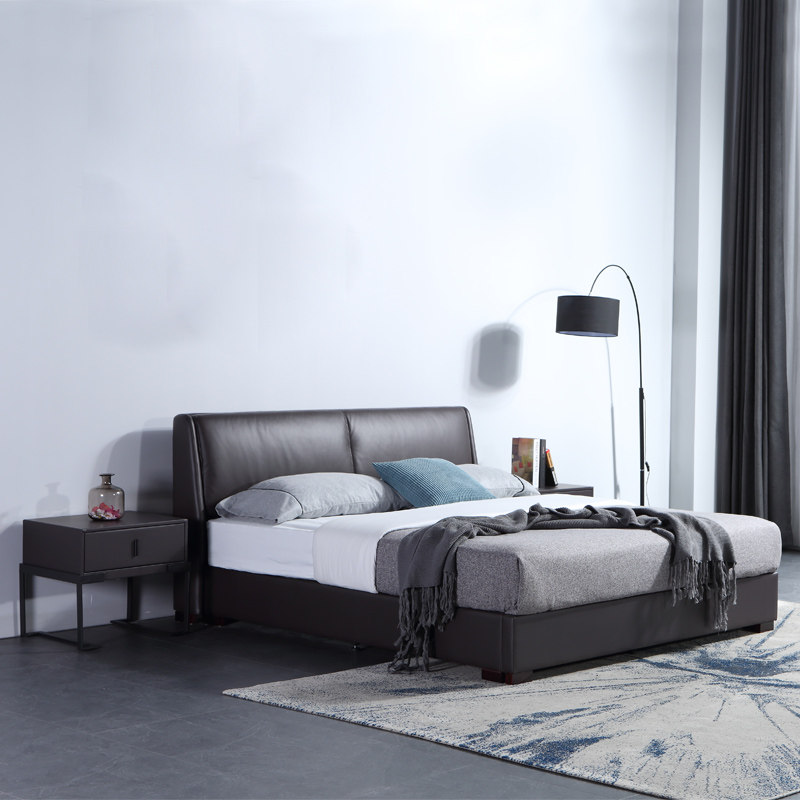 Nordic Leather Bed Modern Brief Genuine Leather Bed Master Bedroom minimalist Atmosphere 1 8 m Bedroom Double Wedding Bed Loft Bed