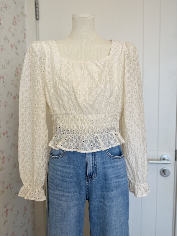 Warehouse Clearance Sale, No Returns or Exchanges: Square-Neck Hollow-Out Crochet 100% Tencel Padded Shoulder Puff Sleeve Top