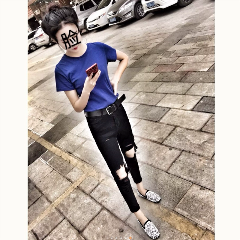 Bộ đồ nữ xã hội nhanh màu đỏ nam loli tối màu với cùng quần jeans + áo thun nữ xã hội tinh thần hai mảnh quần jeans nữ