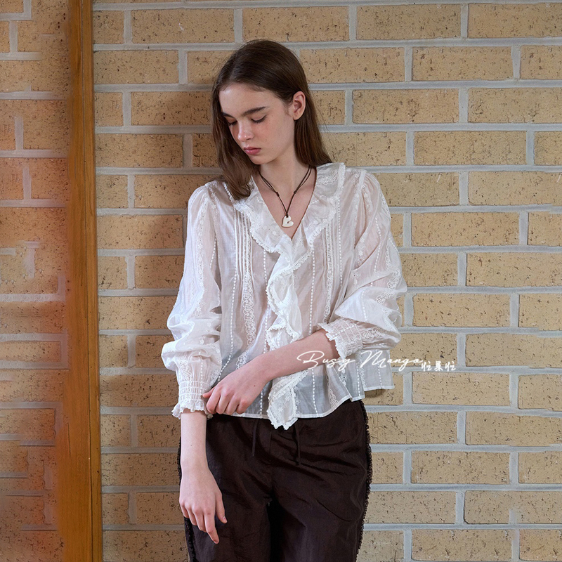 Korean Designer~French Lace Embroidered Shirt~V-Neck Ruffled Versatile Top for Work and Everyday Wear