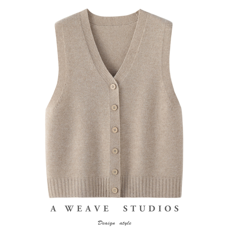 Casual and Versatile 100% Wool V-Neck Single-Breasted Knitted Vest for Women, Sleeveless Cardigan, Old Money Style Jacket