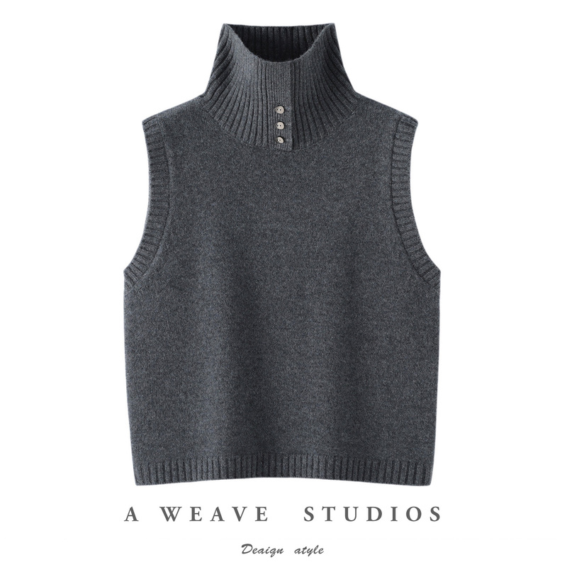 Commuting Style High-Neck Sleeveless 100% Wool Sweater for Women, Dark Gray Slim-Fit Layered Knitted Vest Top