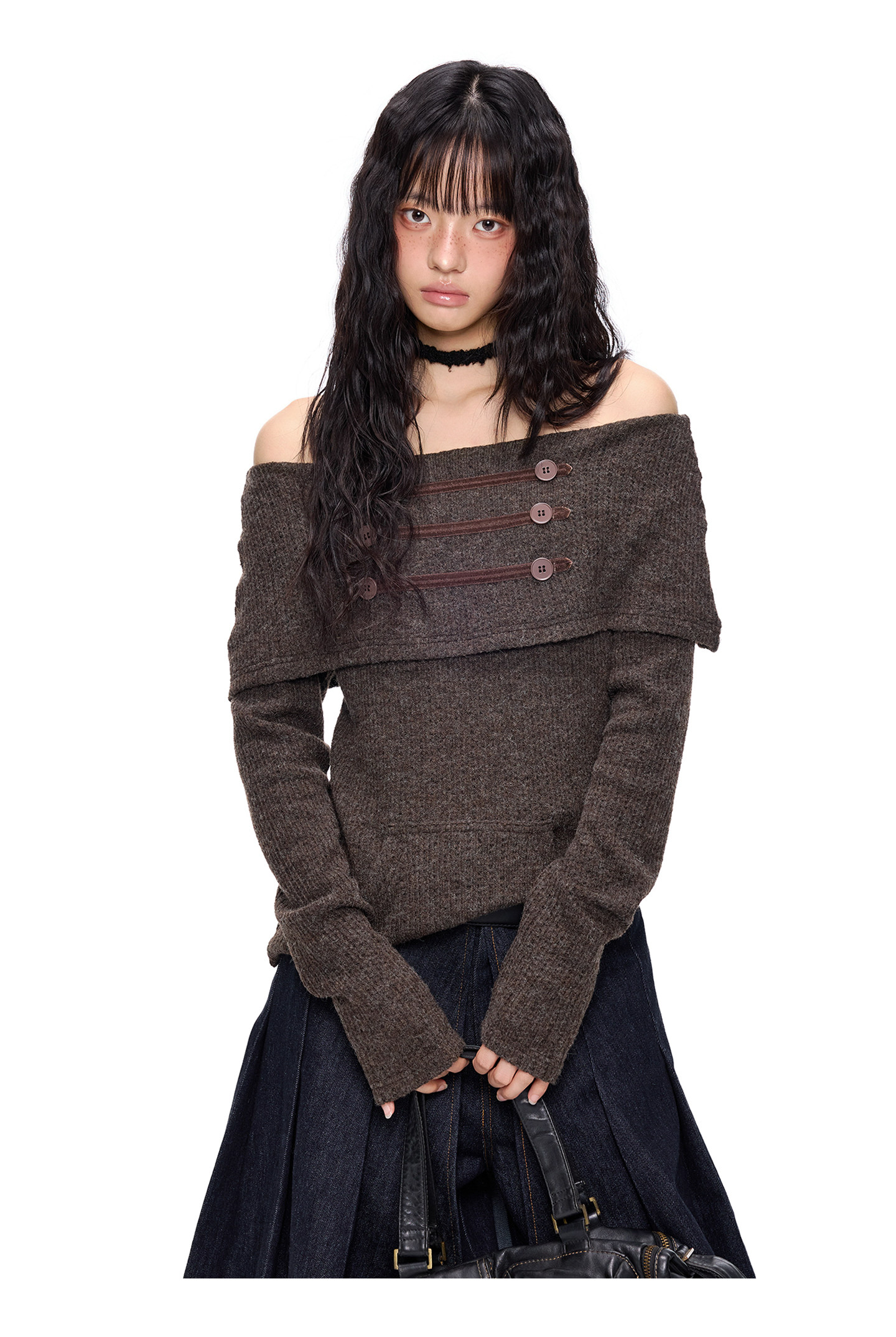 EZEK Off-Shoulder Button Knit Top