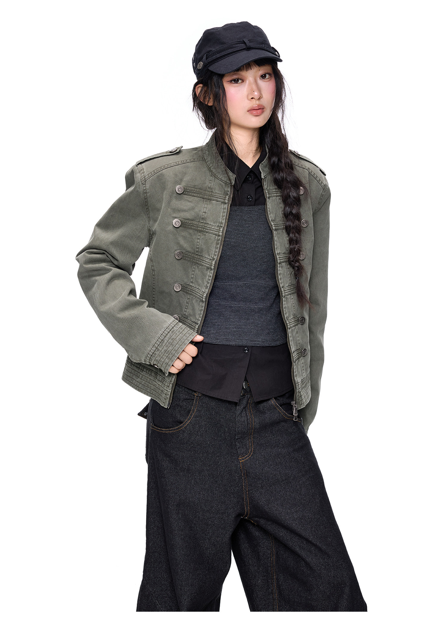 EZEK Double-Breasted Washed Denim Jacket