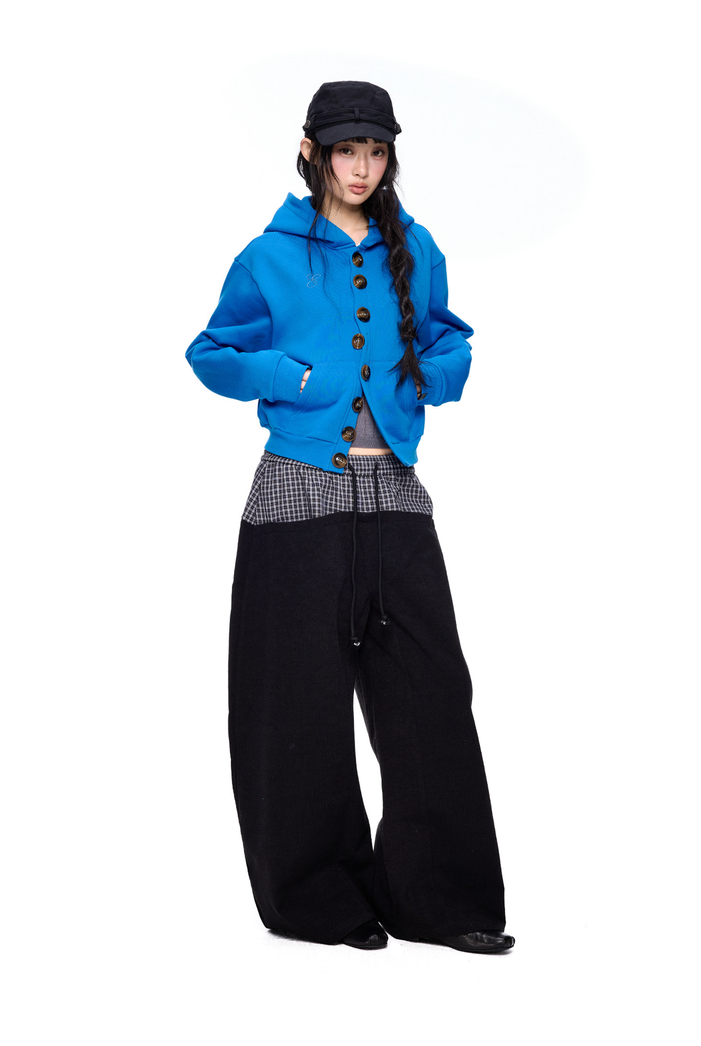 EZEK Multi-Button Embroidered Cropped Hoodie