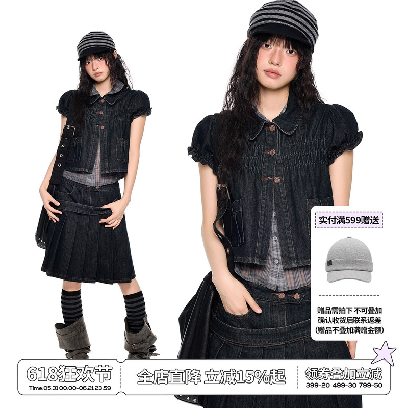 Ezek Doll Collar Puff Sleeve Denim Suit T-Shirt Short Sleeve Women's Summer Thin Breathable Retro Casual Short Jacket