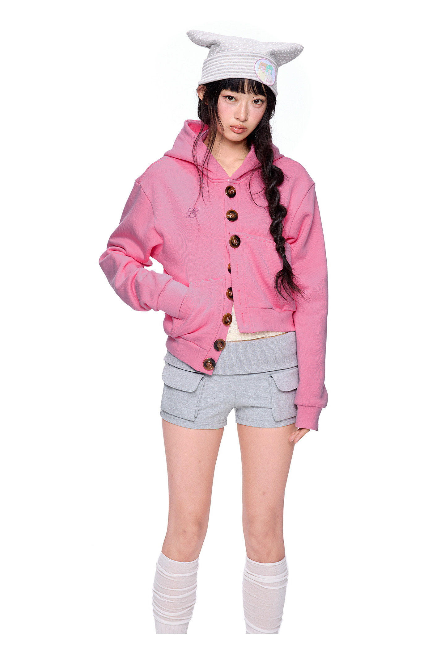 EZEK Multi-Button Embroidered Cropped Hoodie
