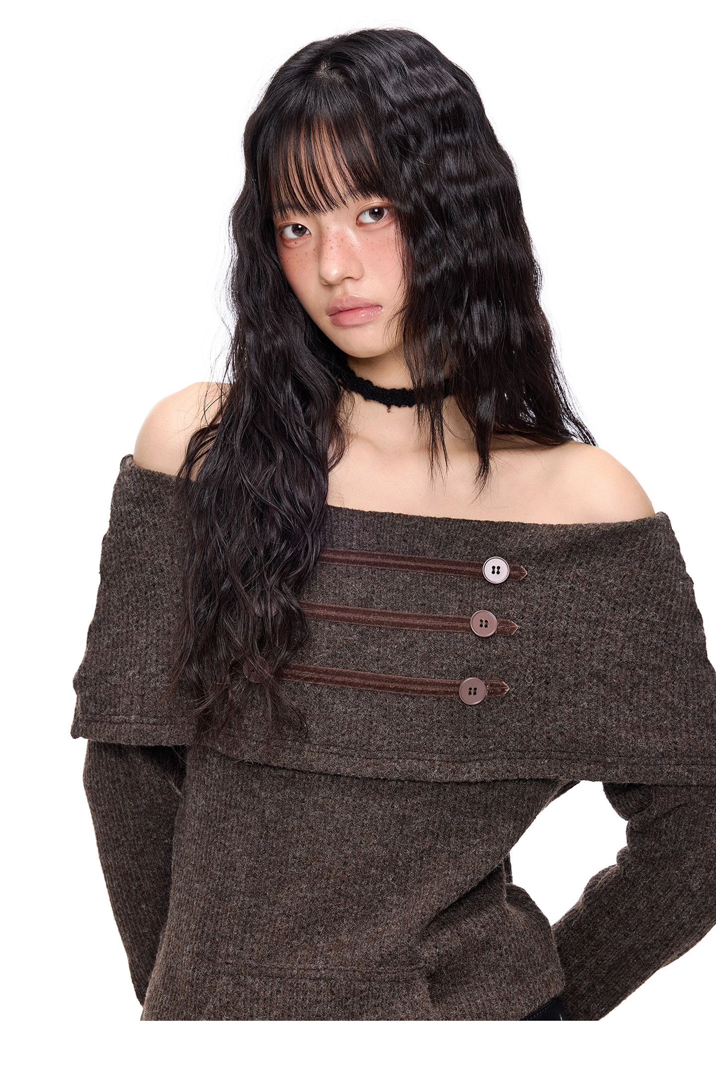 EZEK Off-Shoulder Button Knit Top