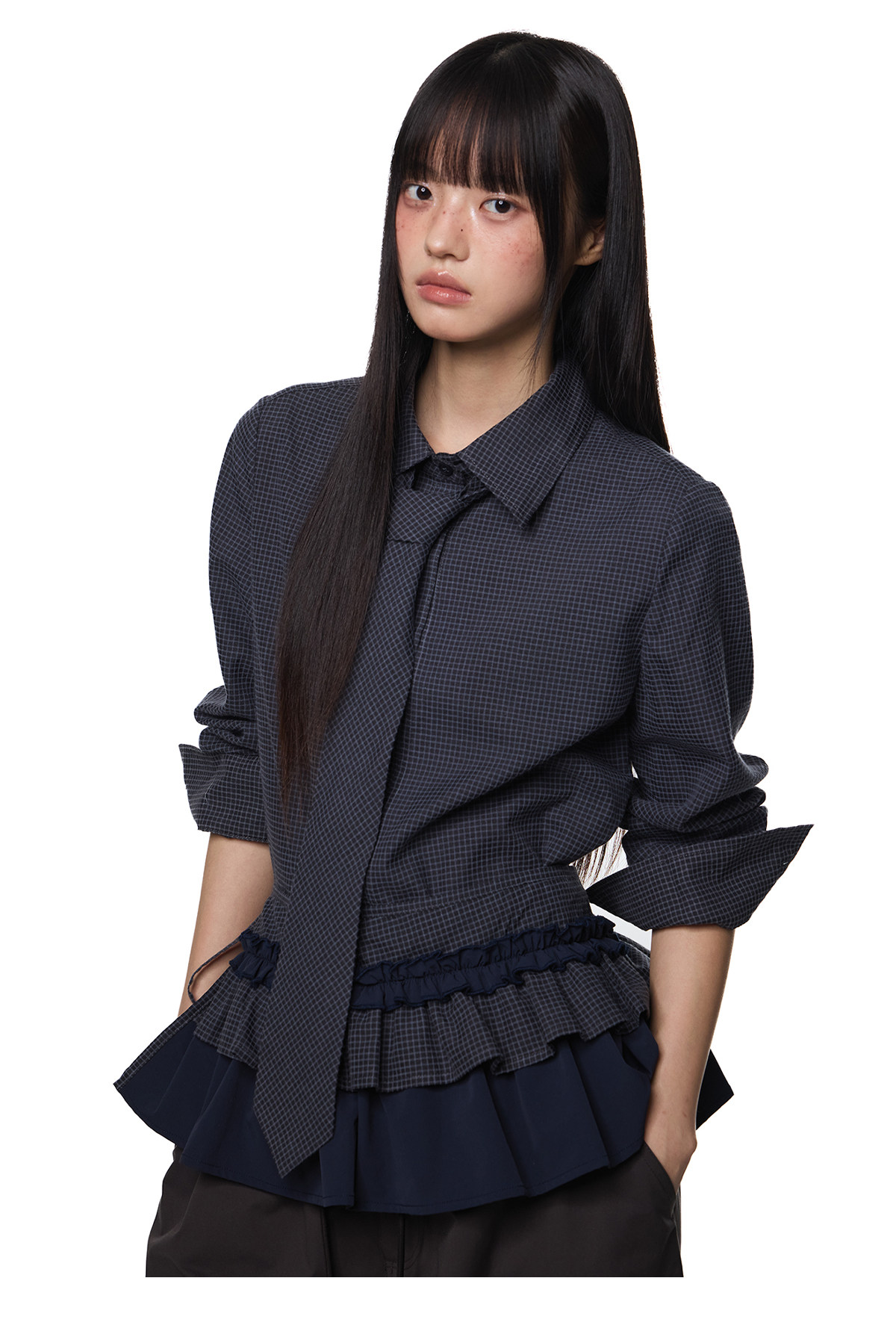 EZEK Plaid Ruffle Pleated Shirt