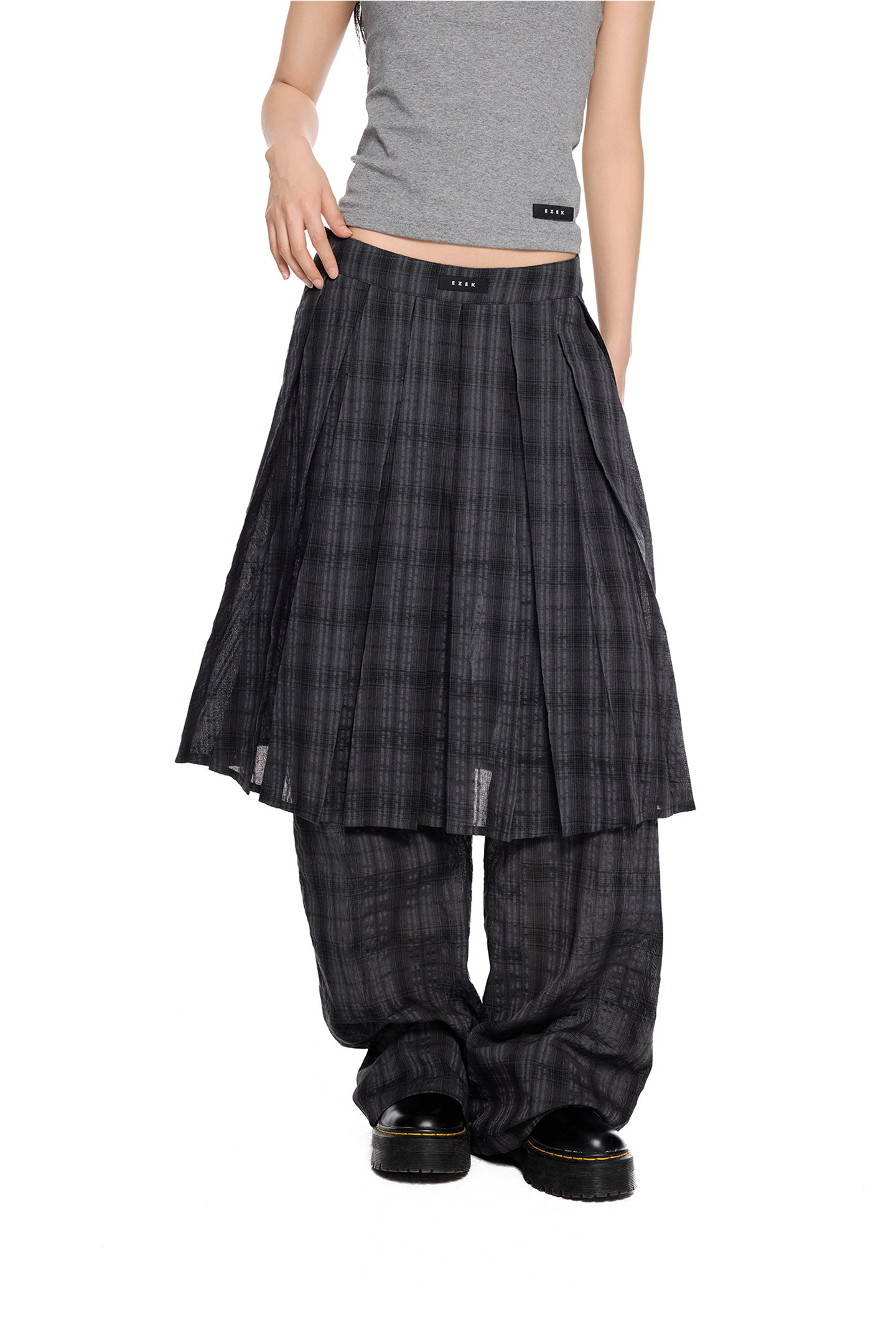 EZEK Plaid Pleated Wide-Leg Skirt Pants