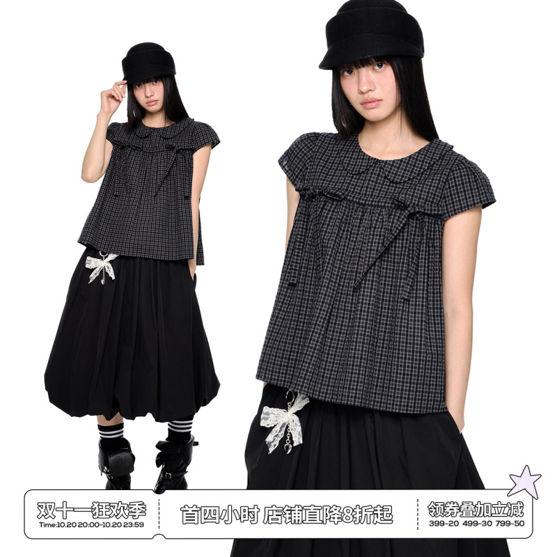 Ezek Doll Collar Plaid Tie Short-Sleeved Shirt for Women Summer New Loose Casual Slimming Retro Doll Shirt T-Shirt Ezek Doll Collar Plaid Tie Short-Sleeved Shirt for Women Summer New Loose Casual Slimming Retro Doll Shirt T-Shirt