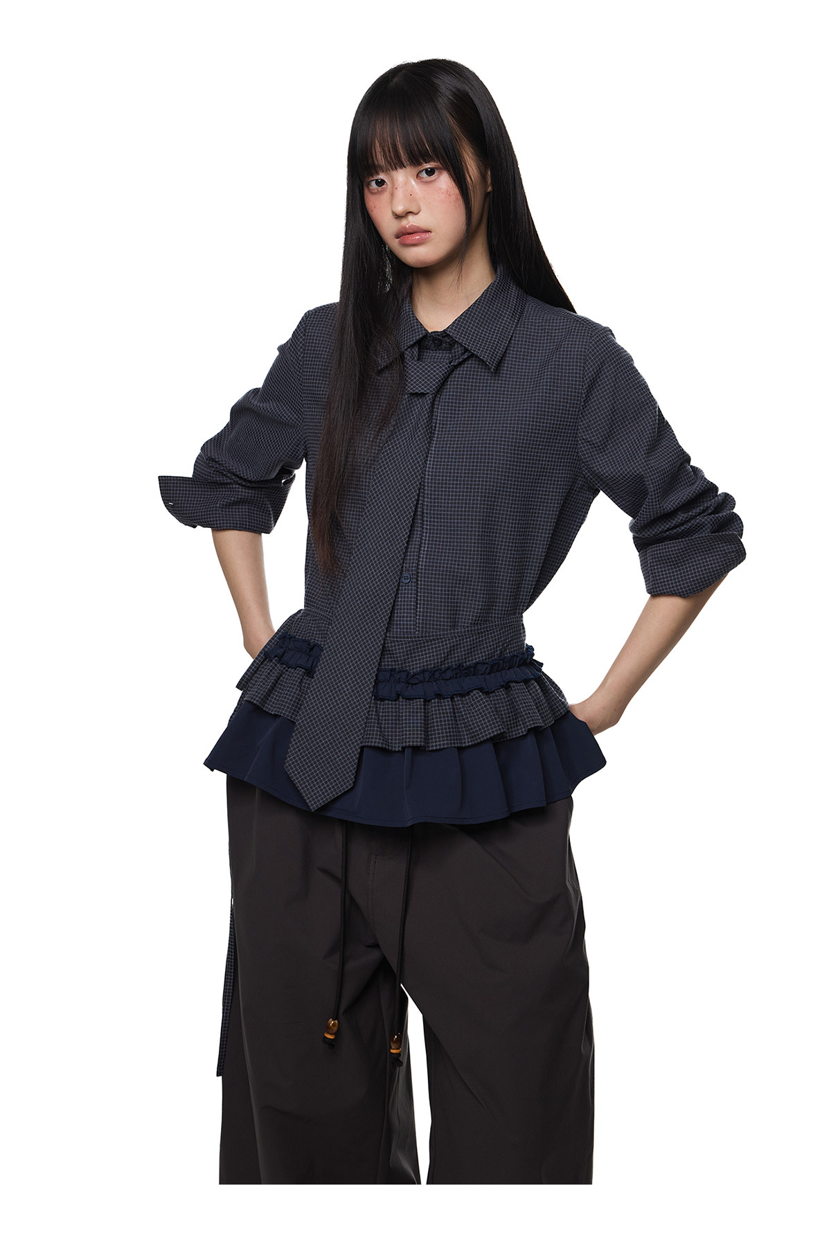 EZEK Plaid Ruffle Pleated Shirt