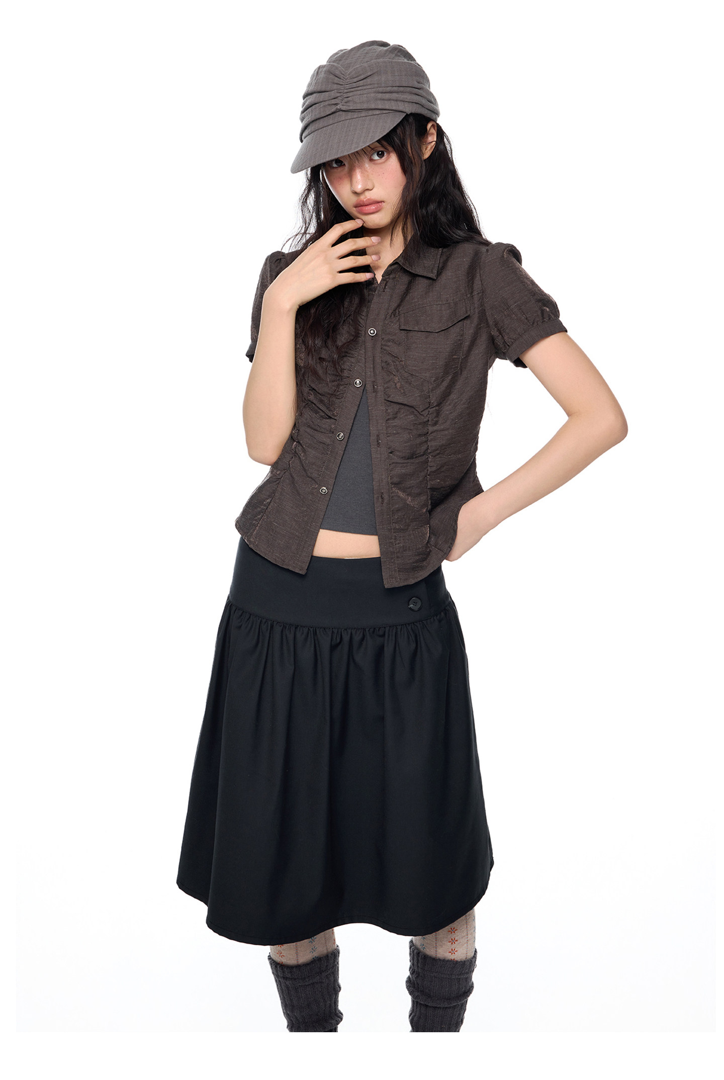 EZEK Checked Puff-Sleeve Cropped Shirt