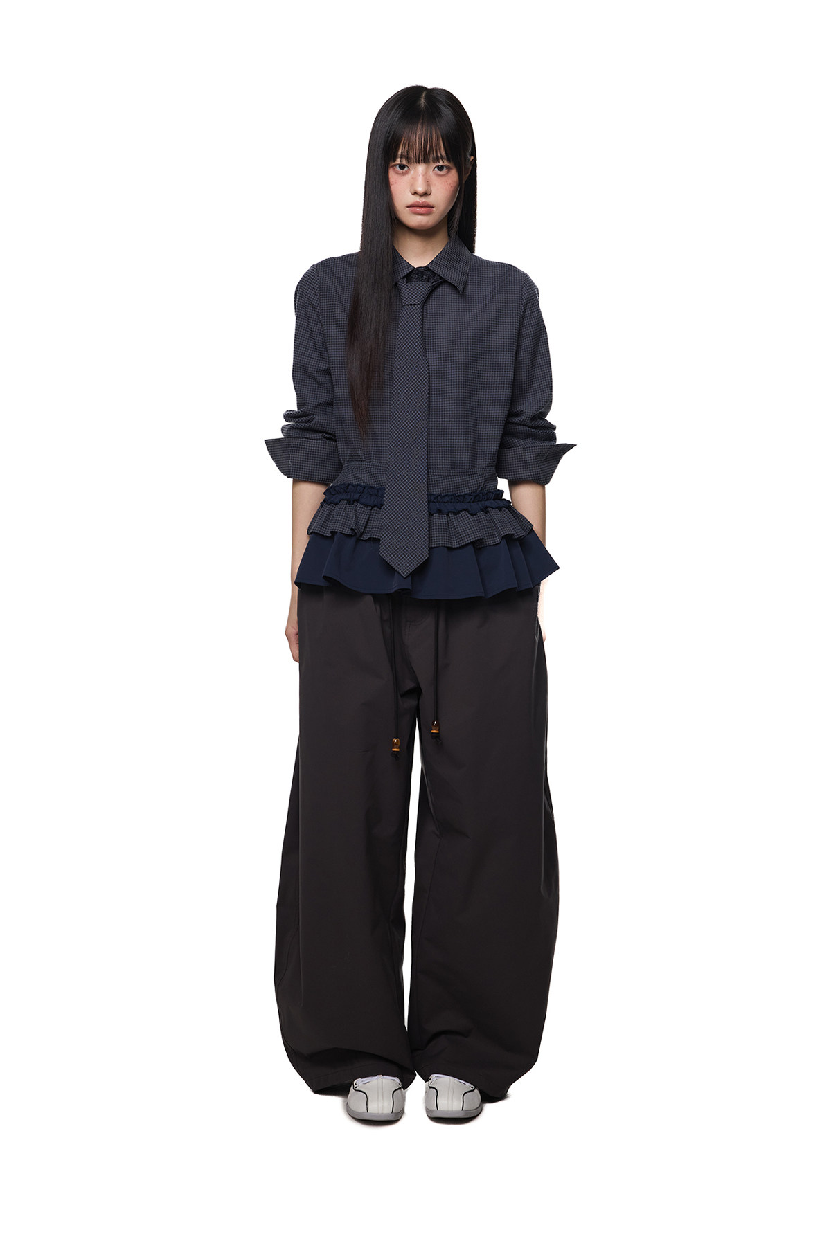 EZEK Plaid Ruffle Pleated Shirt