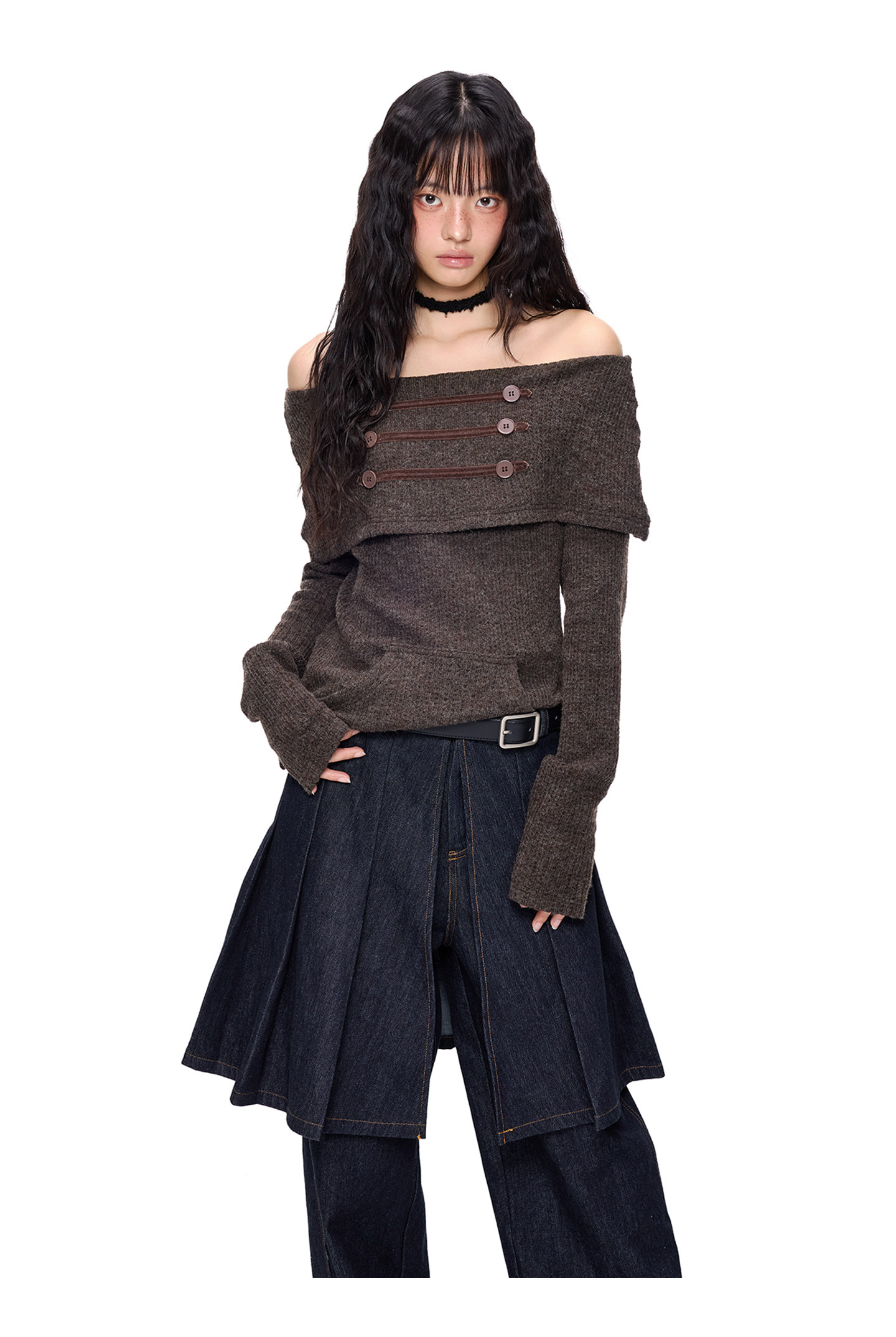 EZEK Off-Shoulder Button Knit Top